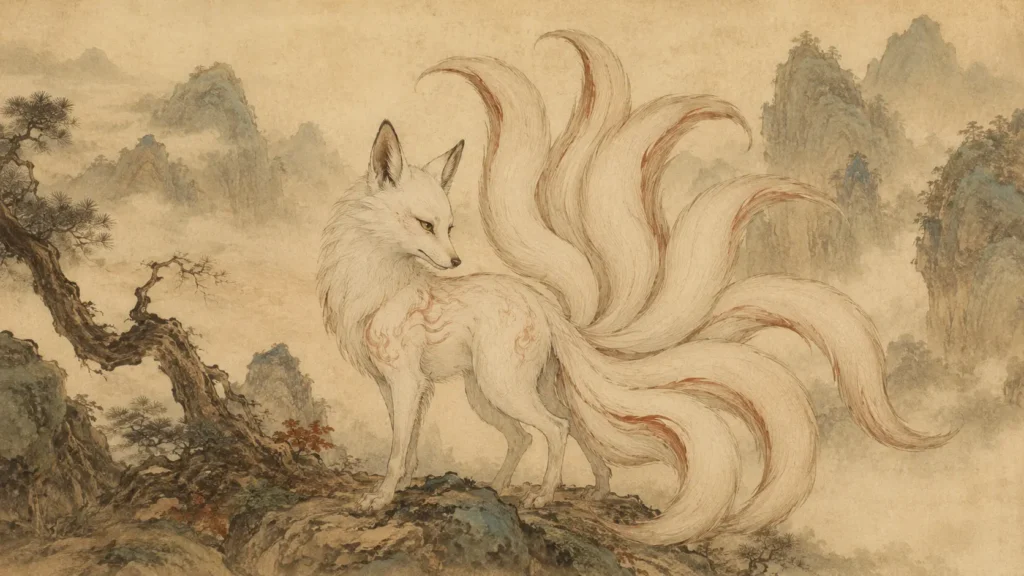 White Nine-Tailed Fox standing peacefully in an ancient Chinese landscape