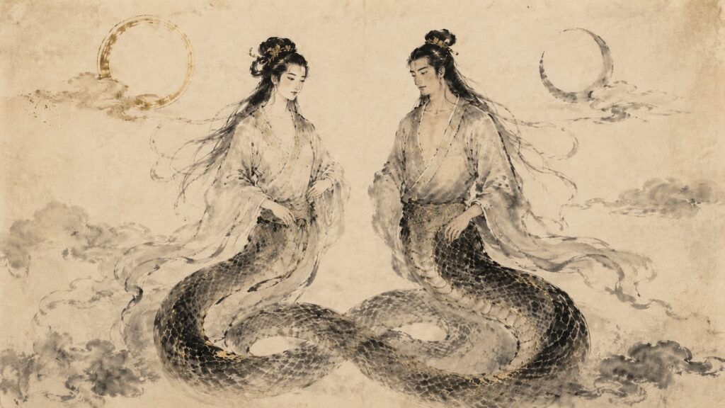 Nüwa and Fuxi standing together as ancient creator figures in Chinese mythology