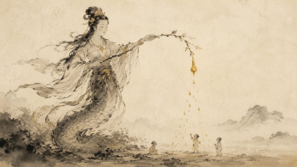 Nüwa creating many human beings by swinging a rope dipped in clay in Chinese mythology