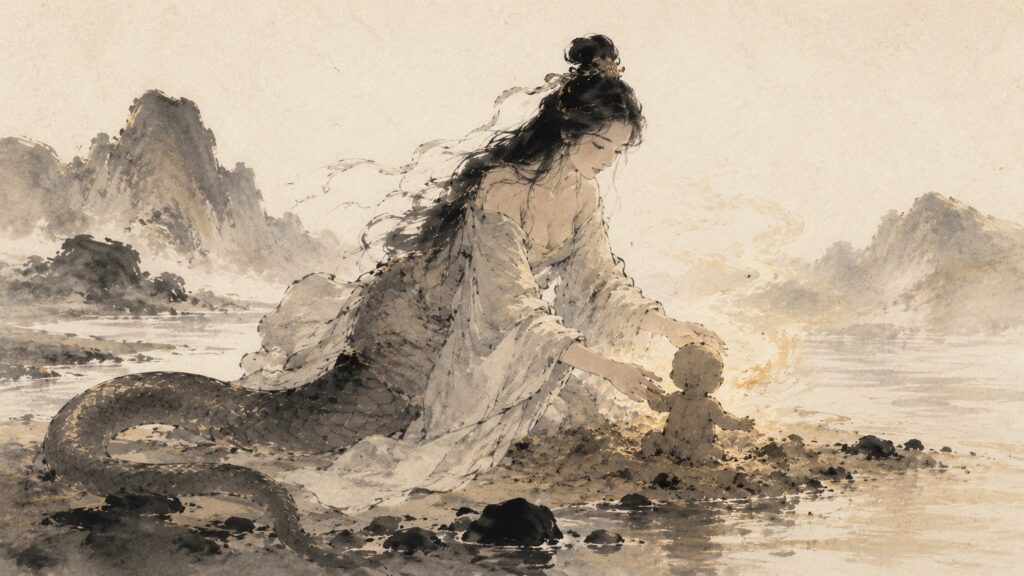 Nüwa creating the first human being from yellow clay beside a river in ancient Chinese mythology