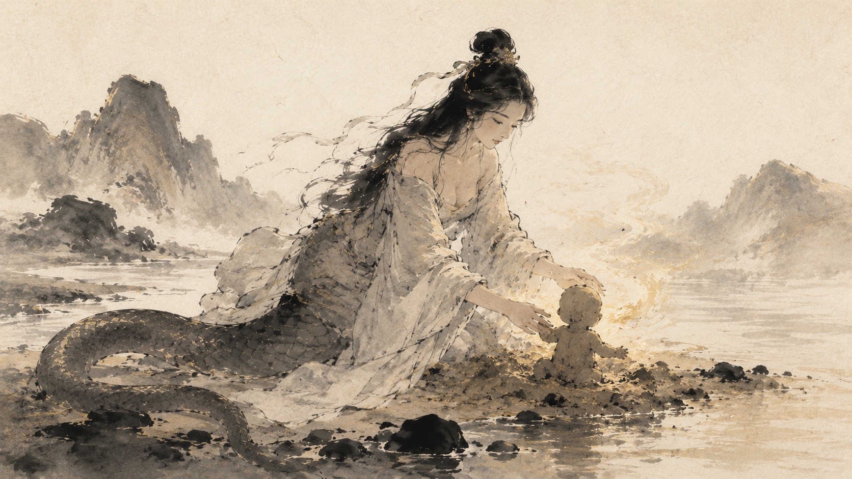 Nüwa creating the first human being from yellow clay beside a river in ancient Chinese mythology