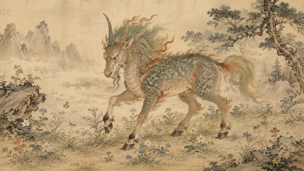 Qilin carefully walking among flowers without harming living creatures