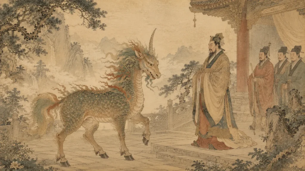 Qilin appearing before a wise ancient Chinese ruler as an auspicious omen