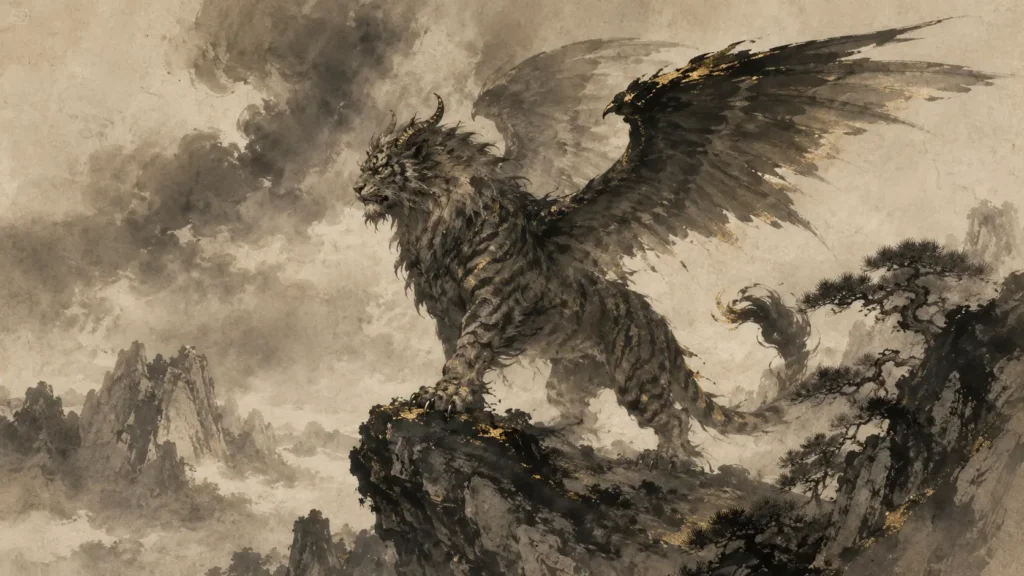 Qiongqi standing on a mountain ridge as a powerful winged tiger surrounded by storm clouds and mist.