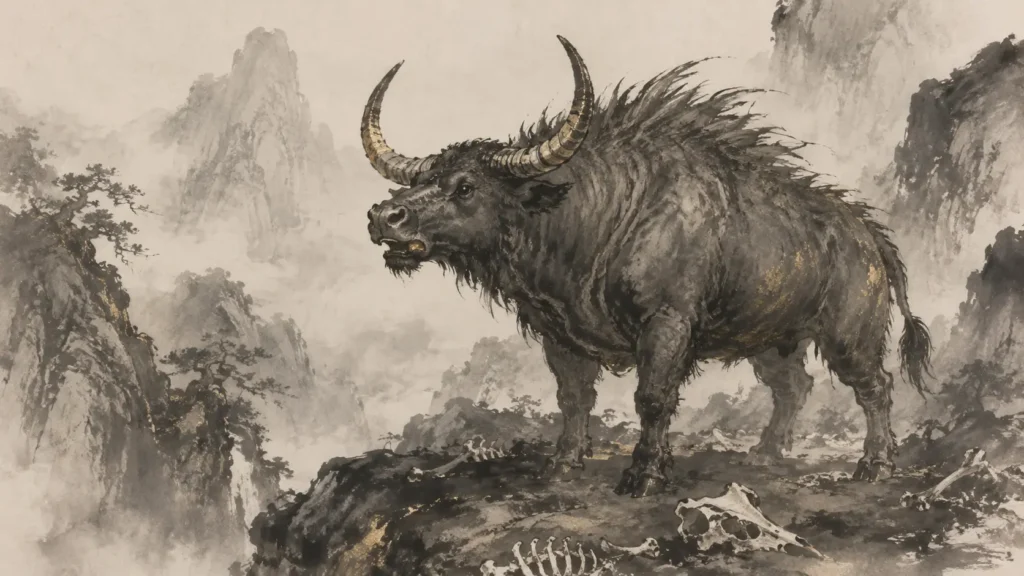 The ancient ox-like Qiongqi with heavy horns and coarse bristled fur standing in a remote mountain wilderness.