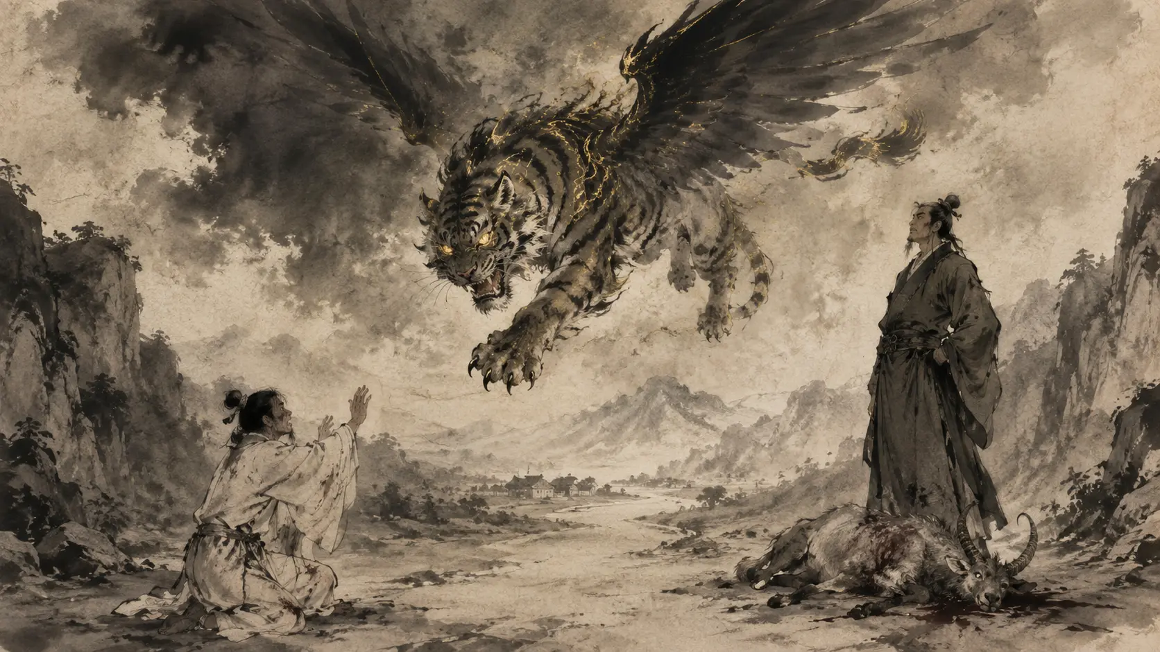 Qiongqi attacking a defenseless traveler while a cruel man stands beside a hunted animal offered as a reward.