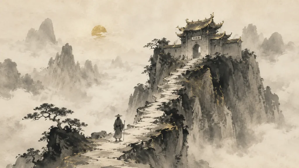 Ancient Chinese mountain temple standing above a sea of mist and sacred peaks