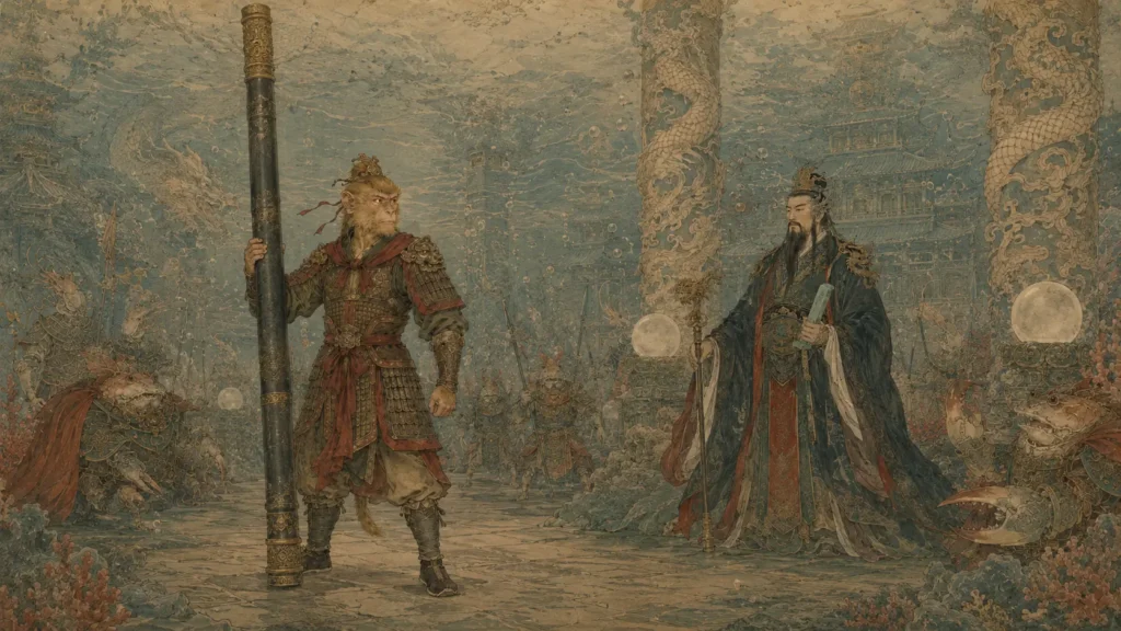 Sun Wukong claiming the Ruyi Jingu Bang inside Ao Guang’s Crystal Palace