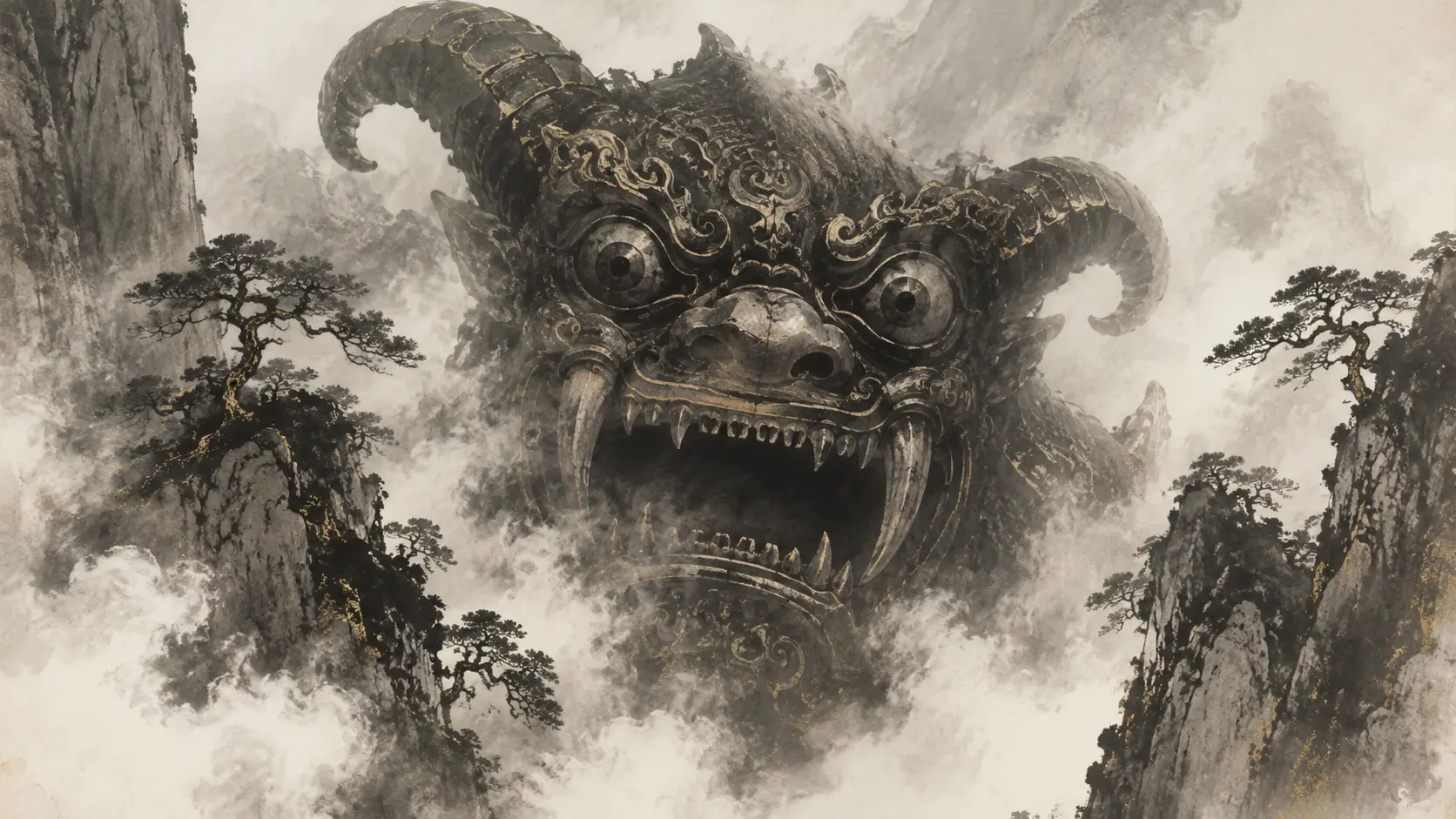 Taotie emerging from mountain mist with bronze-like features, curved horns, and an enormous open mouth.