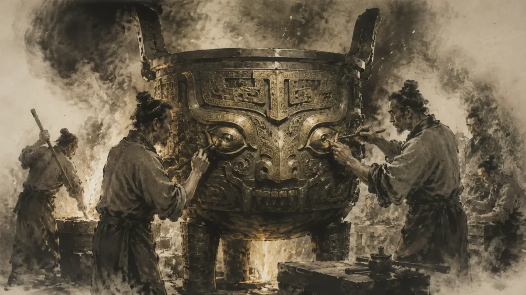 Ancient Chinese craftsmen decorating a Shang dynasty ritual bronze vessel with a Taotie mask.