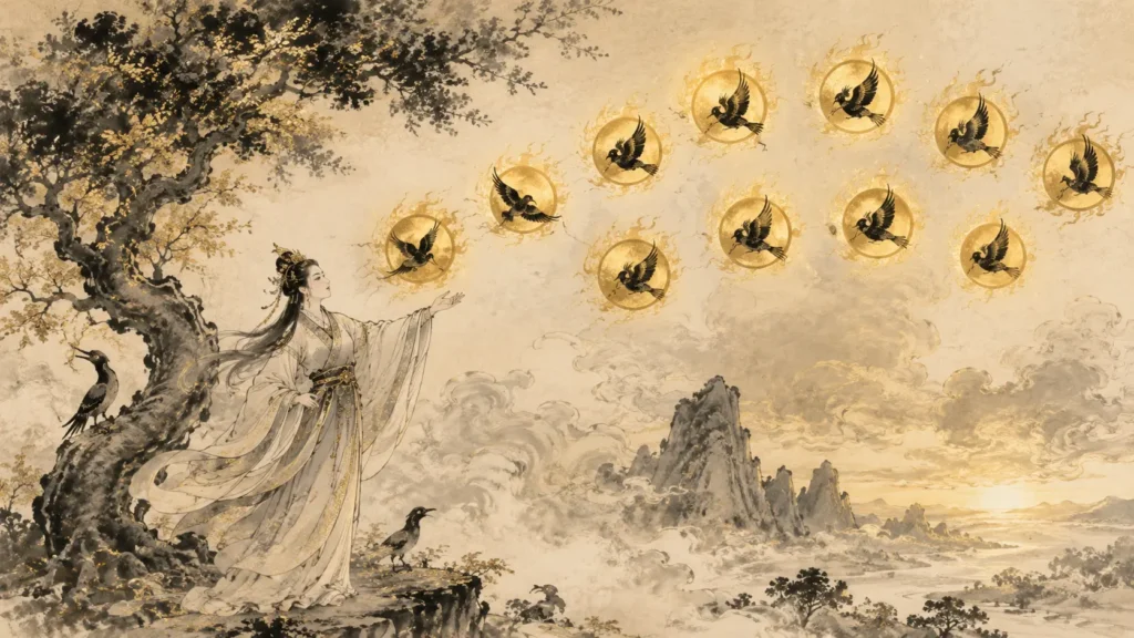 Xihe standing beside the sacred Fusang tree with the ten suns in harmony