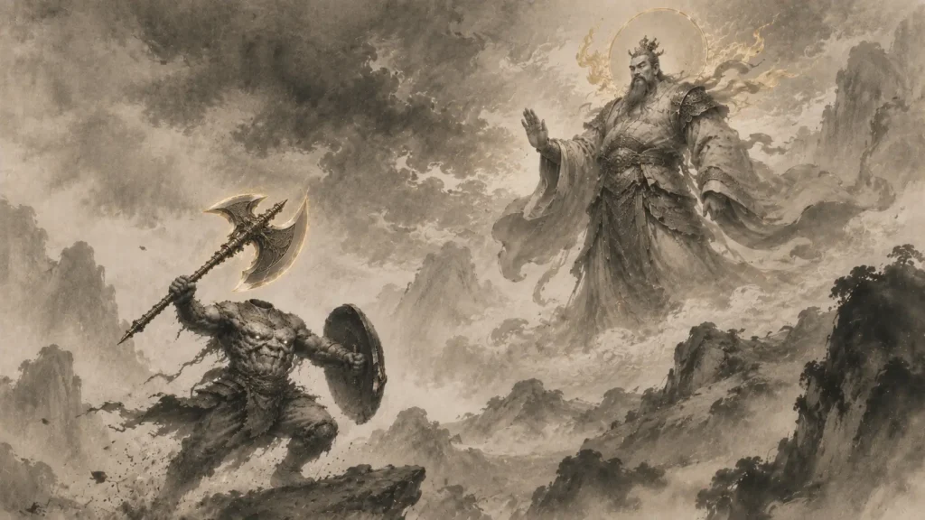 Xing Tian charging toward a divine emperor with his shield and axe during an ancient mythological confrontation.