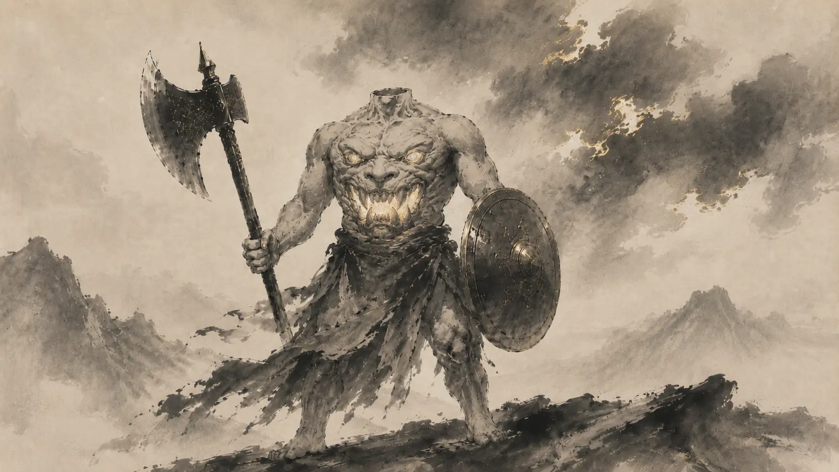 Xing Tian, the headless warrior of Chinese mythology, holding a shield and golden battle axe among misty mountains.