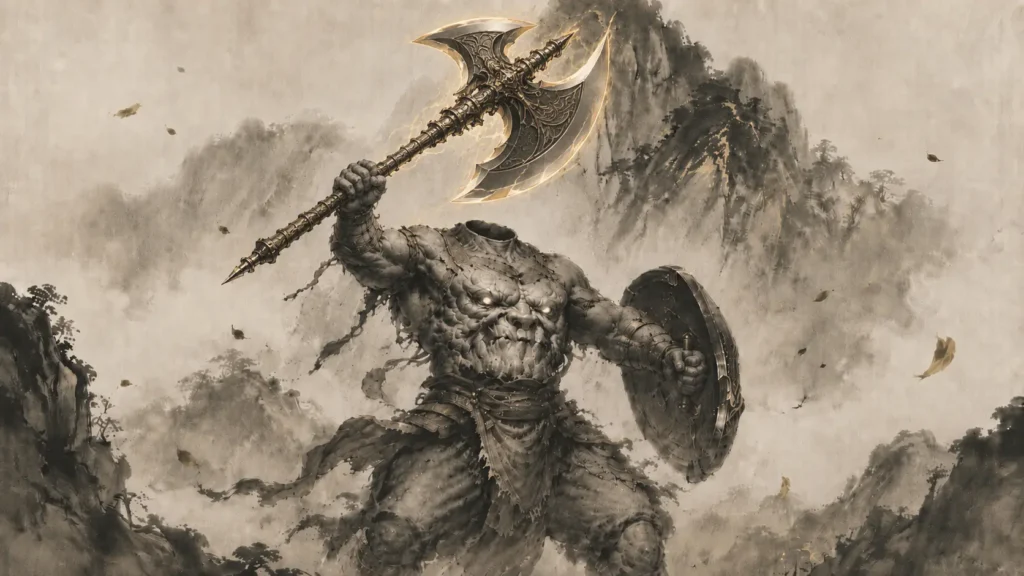Xing Tian performing a martial dance with his shield and golden axe before mist-covered Changyang Mountain.