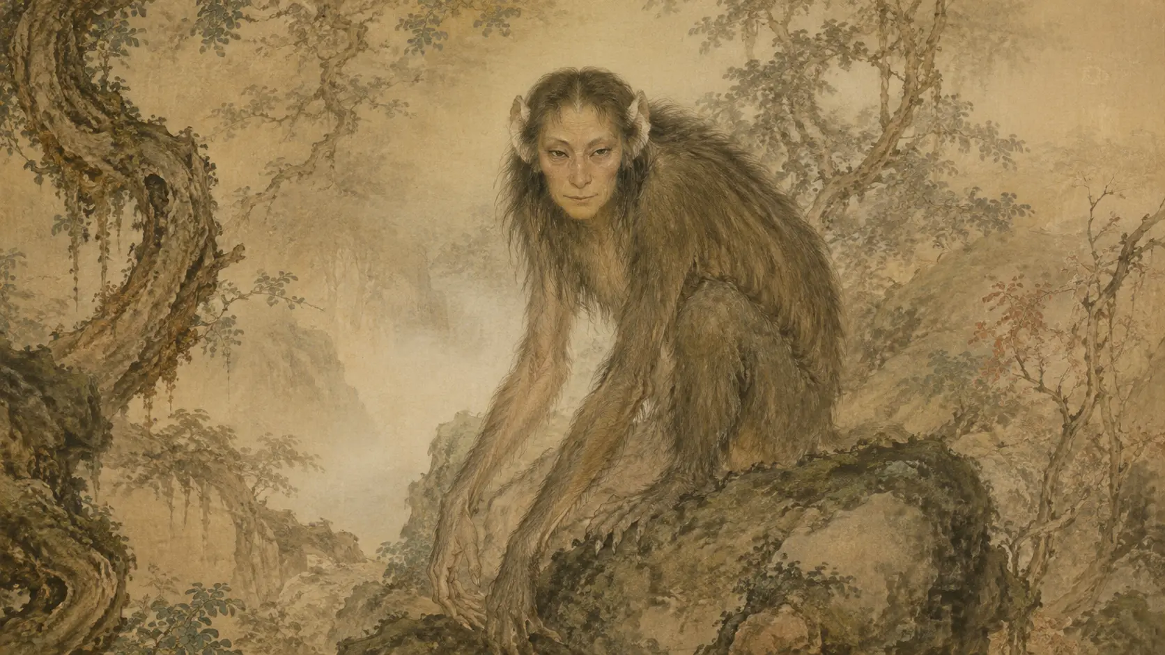 Xingxing, a human-faced creature from Chinese mythology, watching from a misty forest
