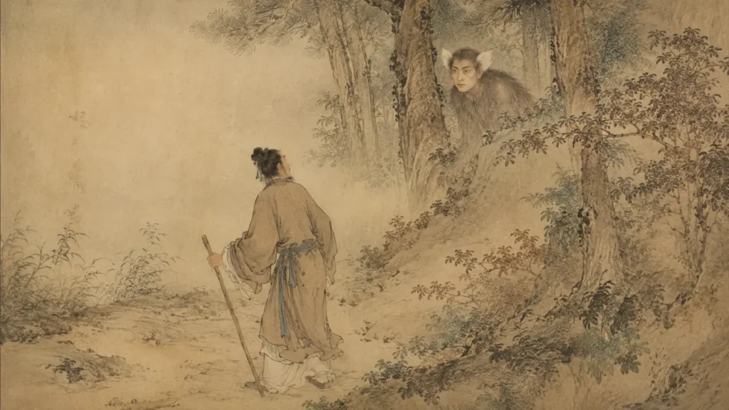 Xingxing watching a surprised traveler on a misty forest path