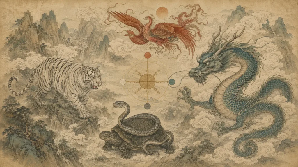 Azure Dragon with White Tiger, Vermilion Bird, and Black Tortoise representing the Four Symbols of Chinese mythology