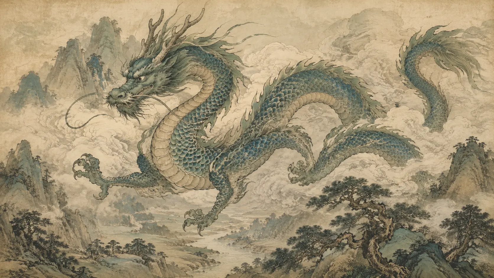 Azure Dragon Qinglong flying through clouds above ancient Chinese mountains in traditional mythology