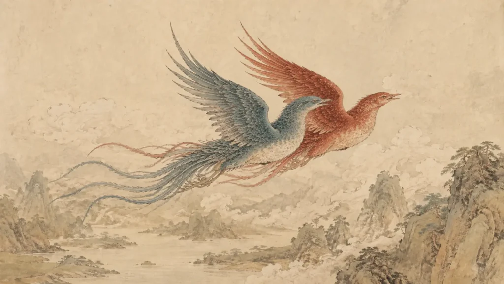 Biyiniao, the blue-green and red paired-wing birds of Chinese mythology, flying together above ancient mountains