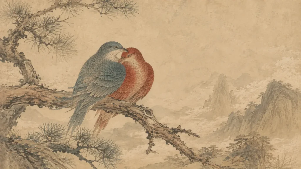 Biyiniao, the paired birds of the Shan Hai Jing, resting closely together on an ancient pine branch