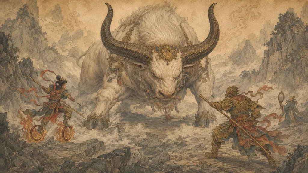Bull Demon King revealing his gigantic white bull true form while facing Sun Wukong and Nezha
