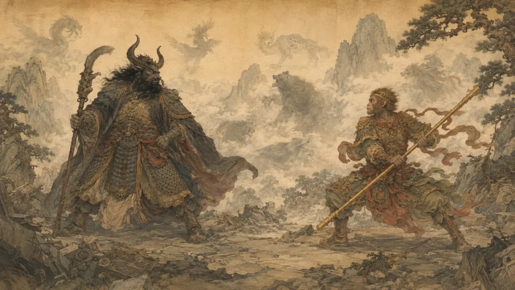 Bull Demon King facing Sun Wukong during their legendary battle in Journey to the West