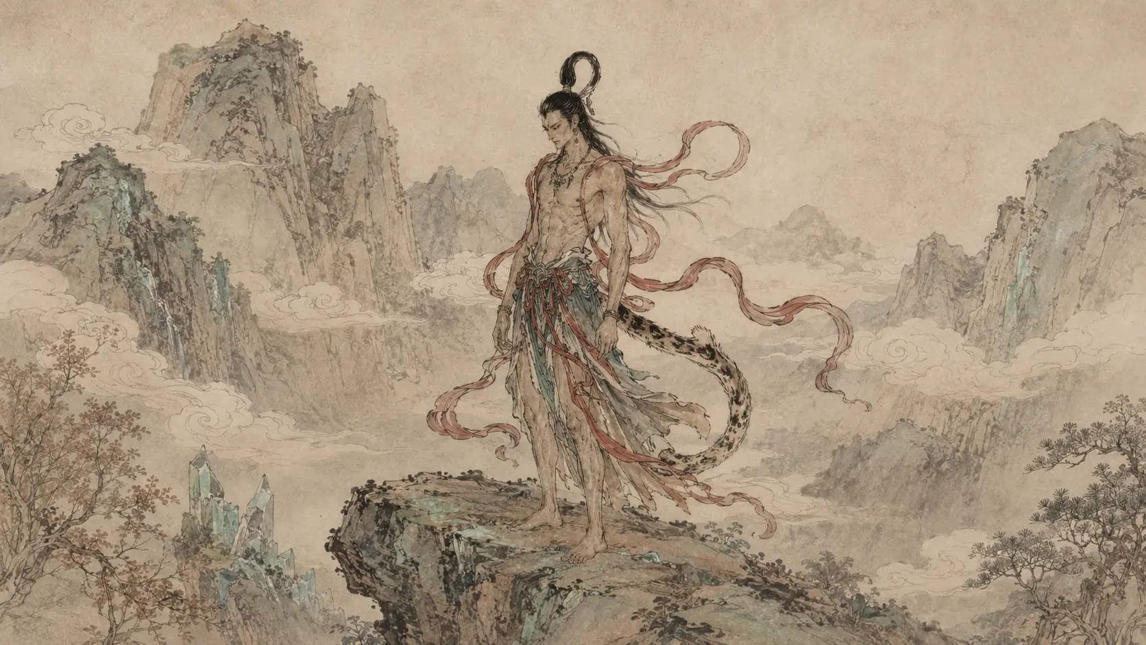 Changcheng, the mountain god from Chinese mythology, shown as a human-like divine figure with flowing red ribbons and a leopard tail on a misty mountain peak.
