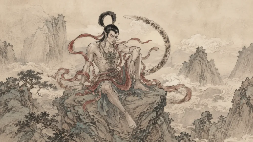 Traditional-style illustration of Changcheng, a Shan Hai Jing mountain god, standing in a sacred mountain landscape with long red ribbons and a leopard tail.