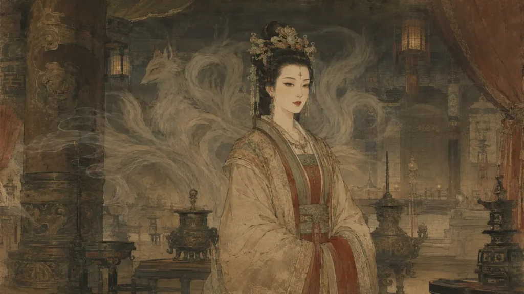 Daji standing inside the Shang royal palace with the hidden spirit of a Nine-Tailed Fox behind her