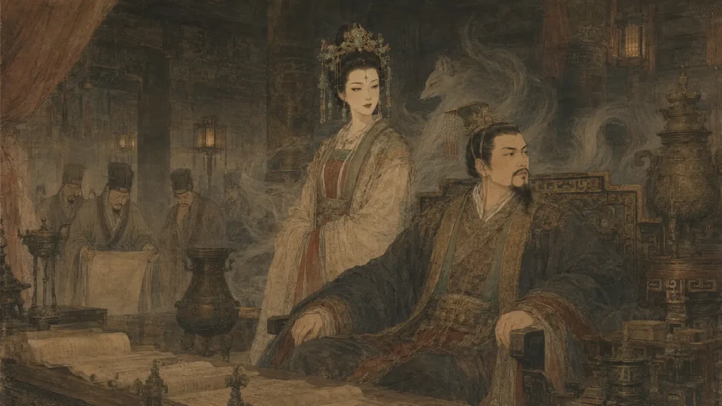 Daji standing beside King Zhou inside the Shang court while concerned ministers hold ignored memorials