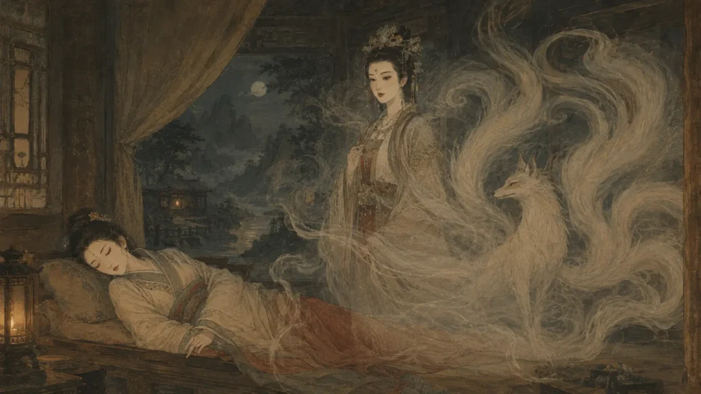 A Nine-Tailed Fox spirit taking the identity of the sleeping human Su Daji at a remote roadside inn