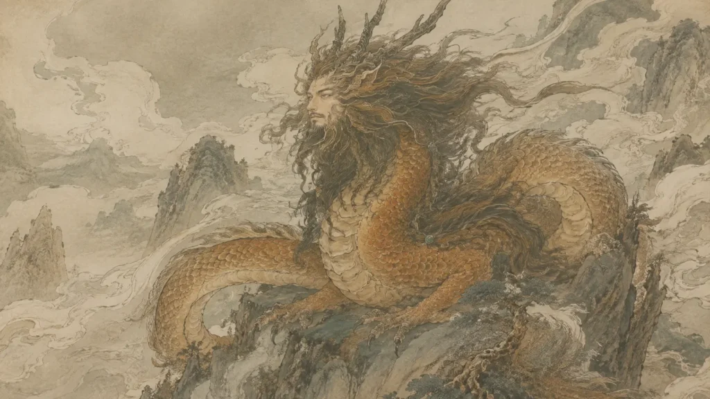 Dragon-bodied human-faced mountain god from the Shan Hai Jing resting among ancient Chinese peaks and clouds