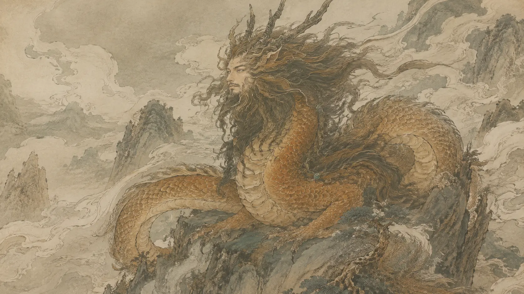 Dragon-bodied human-faced mountain god from the Shan Hai Jing resting among ancient Chinese peaks and clouds
