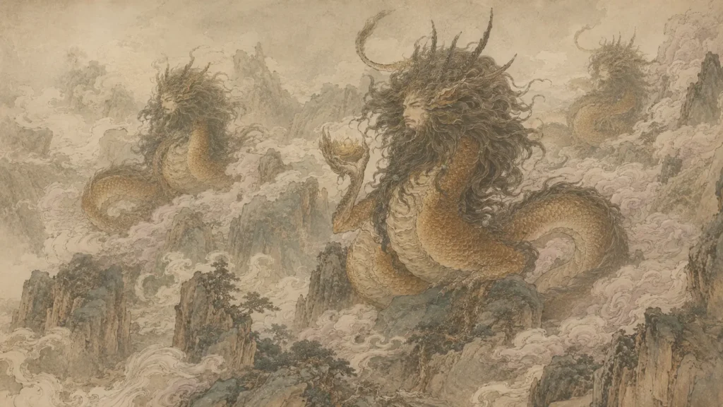 Several dragon-bodied human-faced gods appearing across a sacred mountain range in the Shan Hai Jing