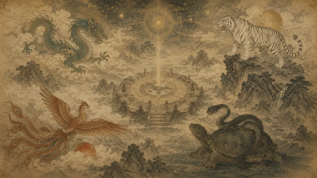 Azure Dragon, White Tiger, Vermilion Bird and Xuanwu arranged as the four celestial guardians of Chinese cosmology