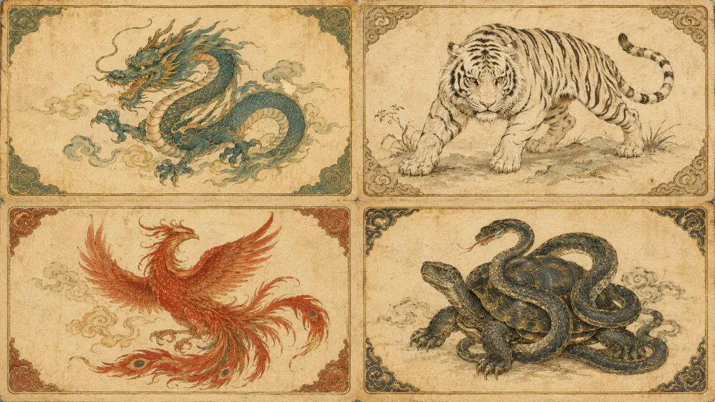 Four Symbols of Chinese mythology shown as the Azure Dragon, White Tiger, Vermilion Bird and Black Tortoise with snake