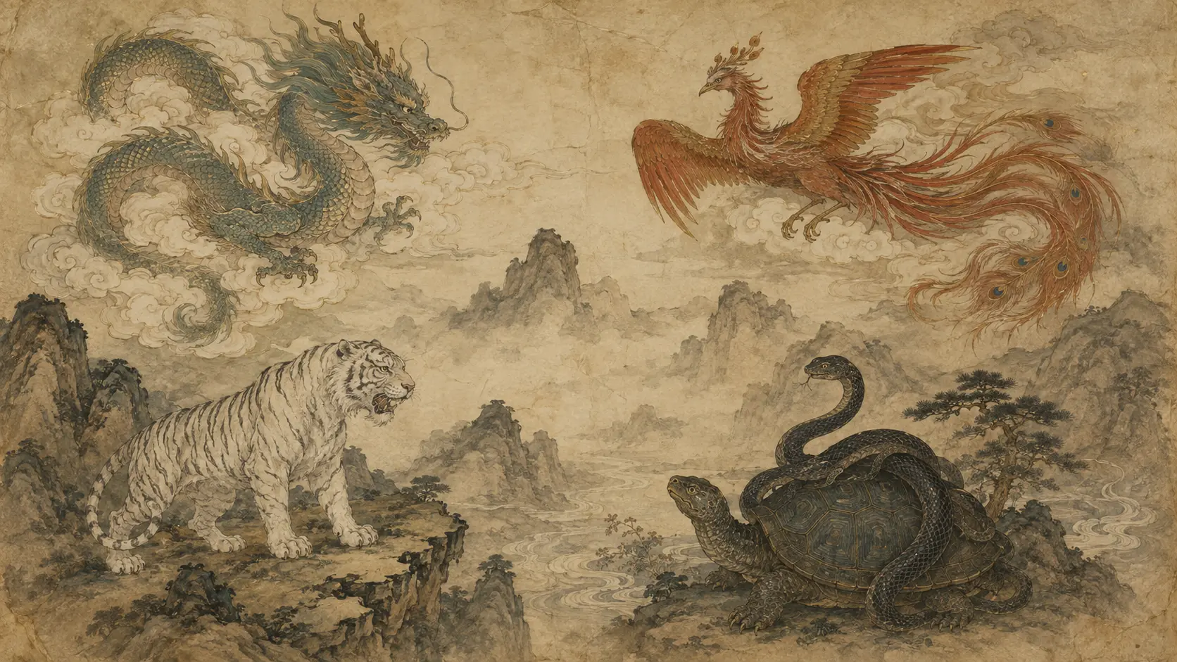Four Symbols of Chinese mythology with the Azure Dragon, White Tiger, Vermilion Bird and Black Tortoise with snake