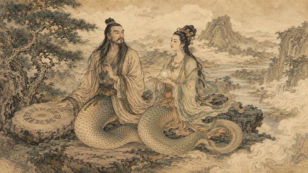 Fuxi and Nüwa together with human upper bodies and serpent-like tails in traditional Chinese mythological art