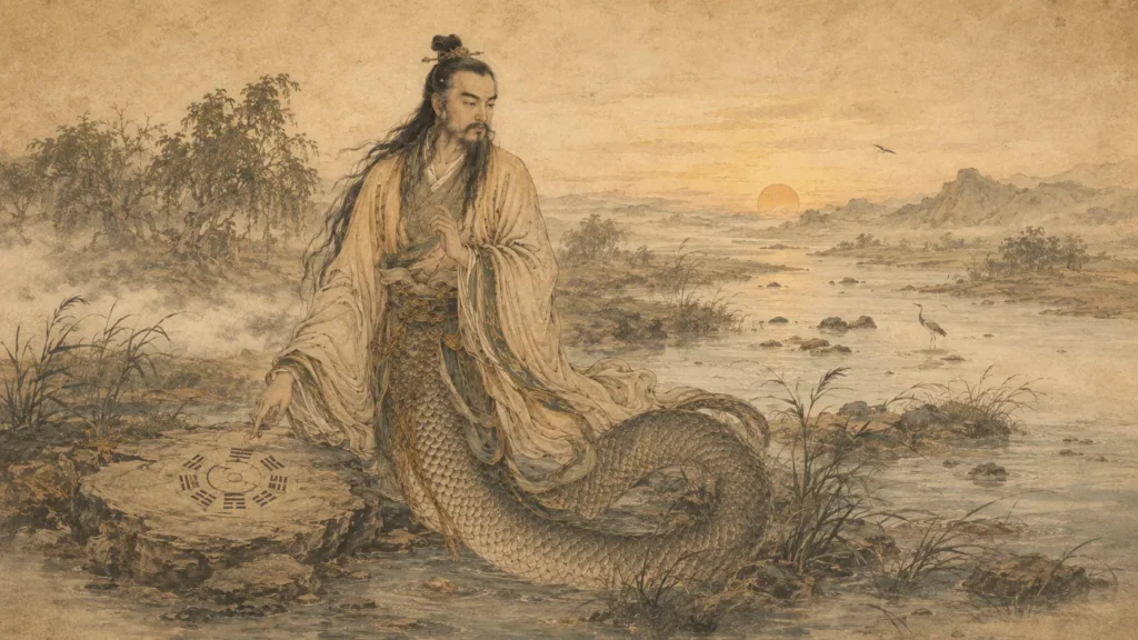 Fuxi studying the Bagua Eight Trigrams beside an ancient river landscape in Chinese mythology