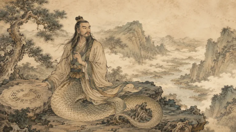 Fuxi from Chinese mythology with a human upper body and serpent-like tail in an ancient Chinese mountain landscape
