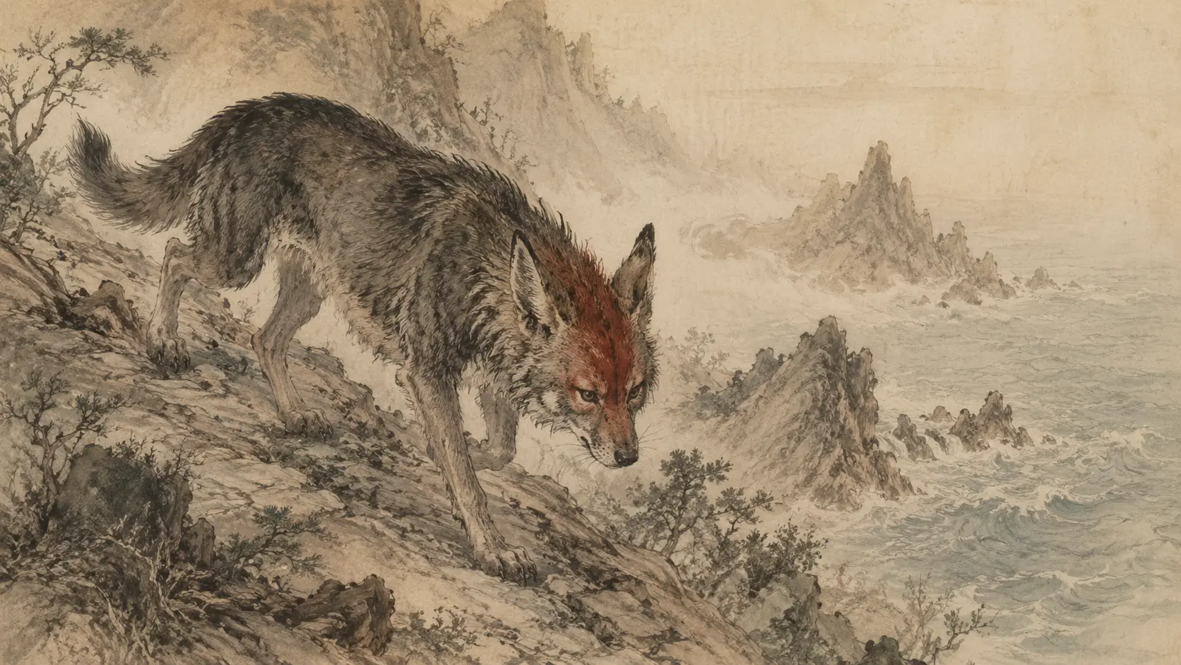 Heju, the red-headed wolf-like beast from the Shan Hai Jing, prowling across Beihao Mountain beside the northern sea