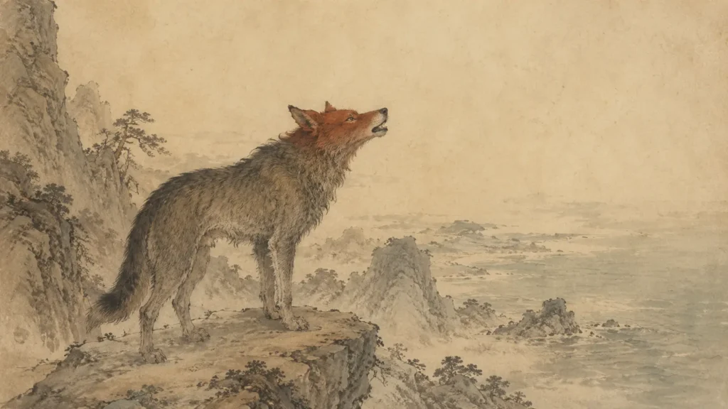 Heju, the red-headed wolf beast of the Shan Hai Jing, calling from a rocky cliff above the northern sea