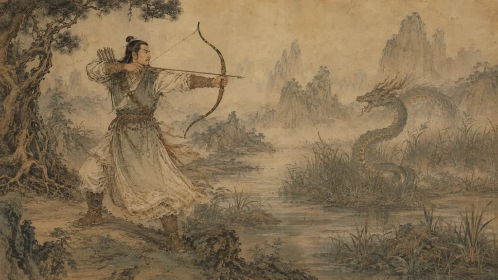 Hou Yi drawing his bow against a serpentine monster in an ancient Chinese marshland