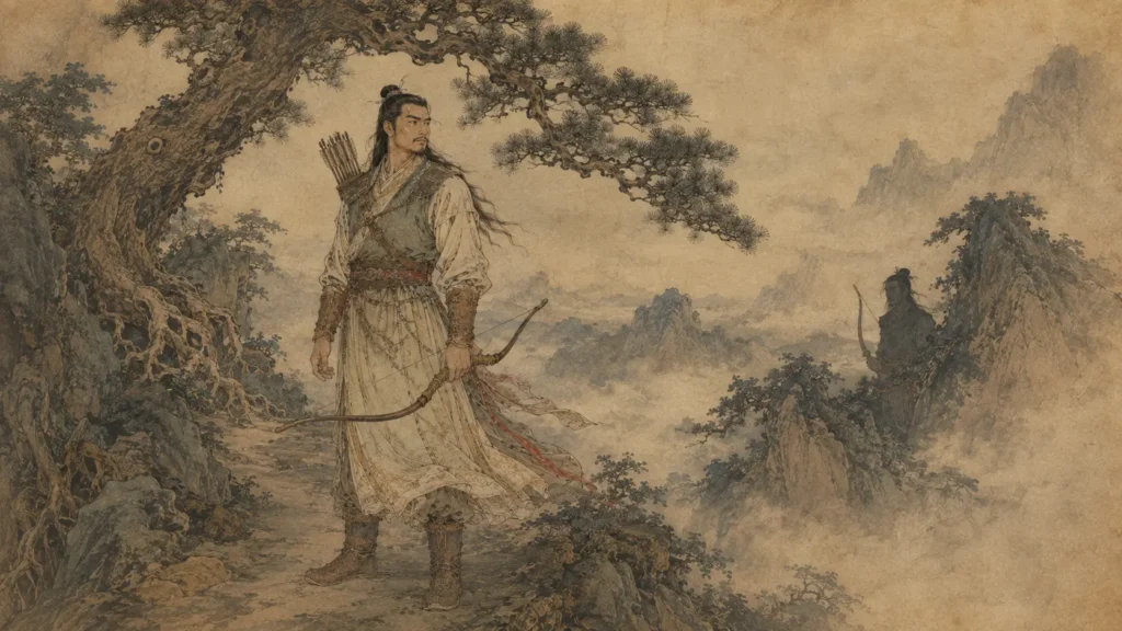 Hou Yi sensing Pang Meng hiding behind him on a misty mountain path