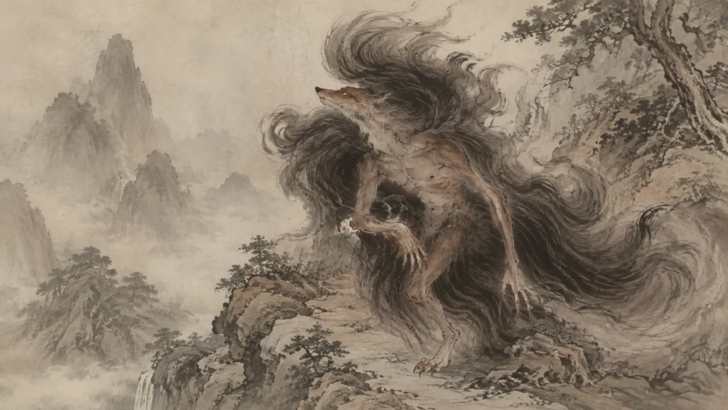 Traditional Chinese illustration of Huan Gou, a beast-headed humanoid from the Shan Hai Jing, surrounded by mountain mist