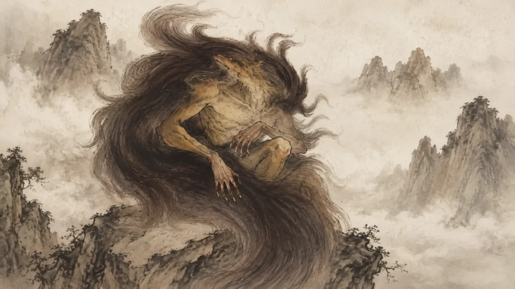 Huan Gou, the beast-headed human-like being from the Shan Hai Jing, standing among misty ancient Chinese mountains