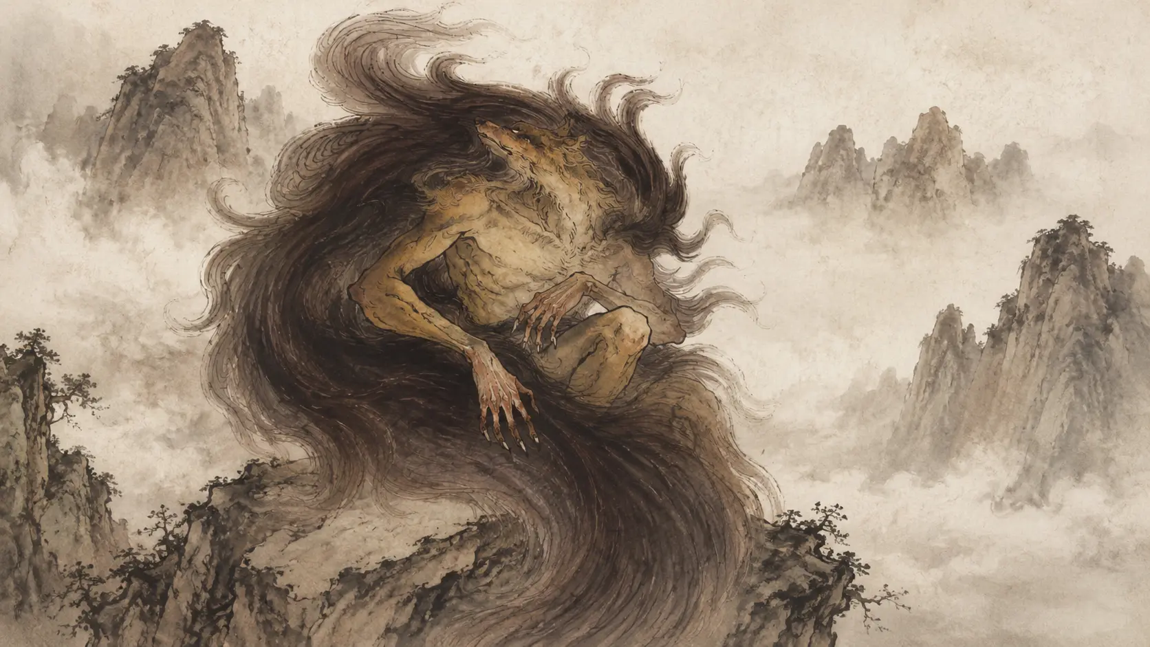 Huan Gou, the beast-headed human-like being from the Shan Hai Jing, standing among misty ancient Chinese mountains