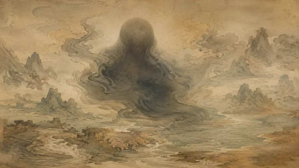 Hundun emerging as a faceless presence from mist before Heaven and Earth were fully formed