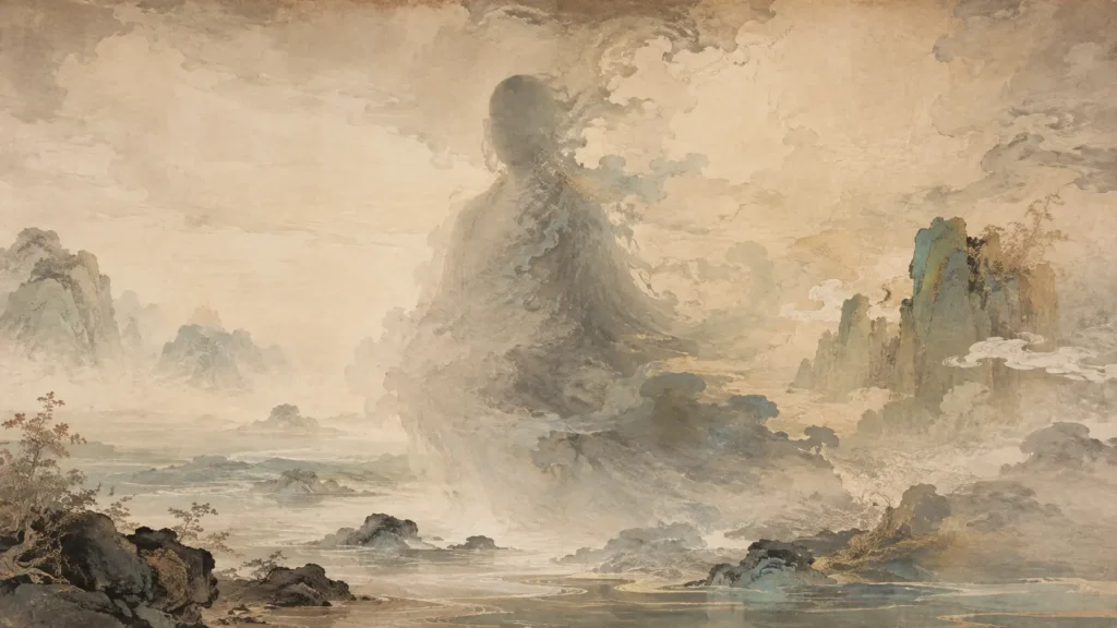 Faceless form of Hundun dissolving into clouds, mountains, mist, and still water