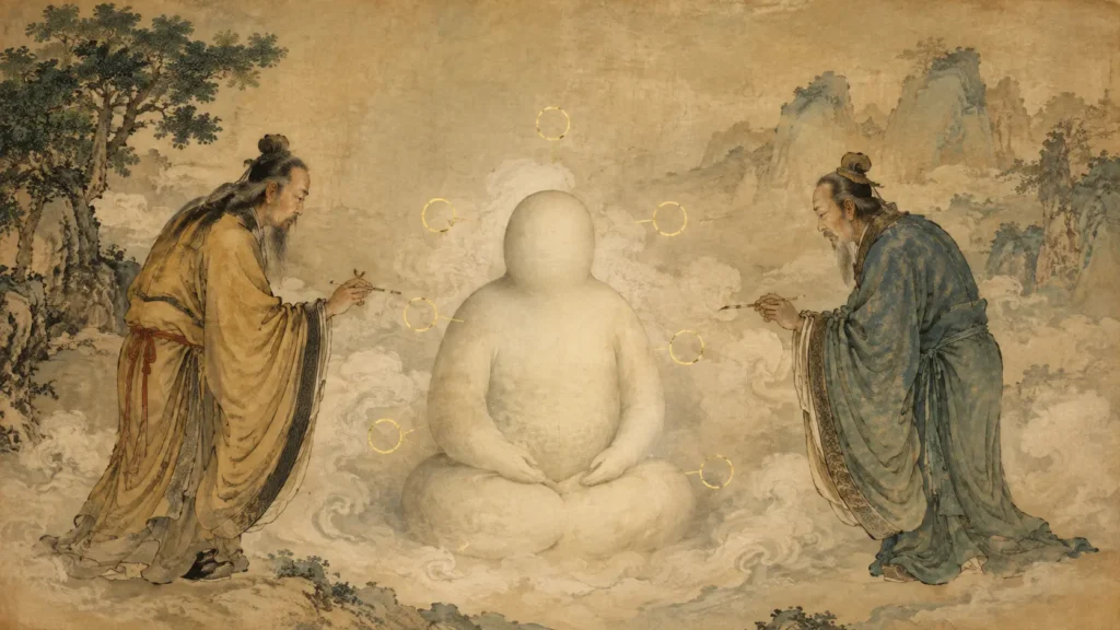Two ancient rulers preparing to give seven openings to the faceless Hundun in the Zhuangzi parable